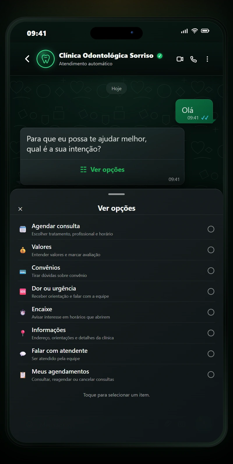 Atendimento automatizado da AuriLoop para Odontologia: Menu principal