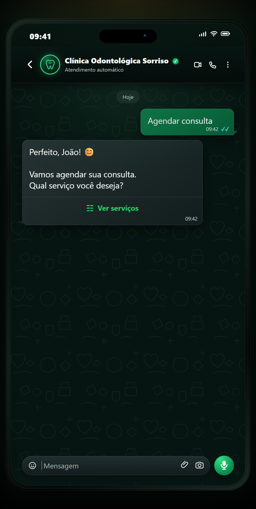 Prévia do atendimento automatizado da AuriLoop no WhatsApp para Odontologia: Escolha do serviço