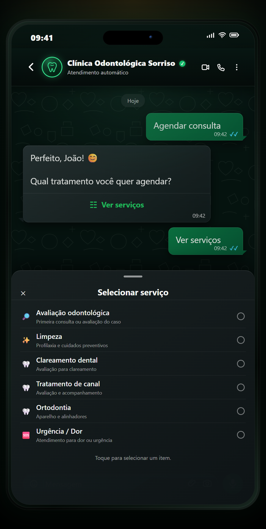 Prévia do atendimento automatizado da AuriLoop no WhatsApp para Odontologia: Serviços disponíveis