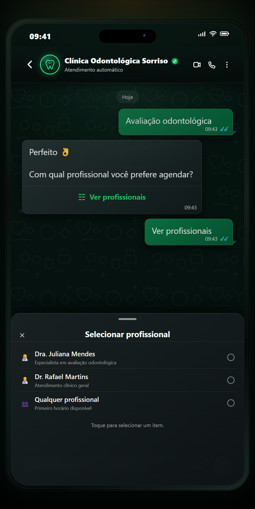 Prévia do atendimento automatizado da AuriLoop no WhatsApp para Odontologia: Escolha do profissional
