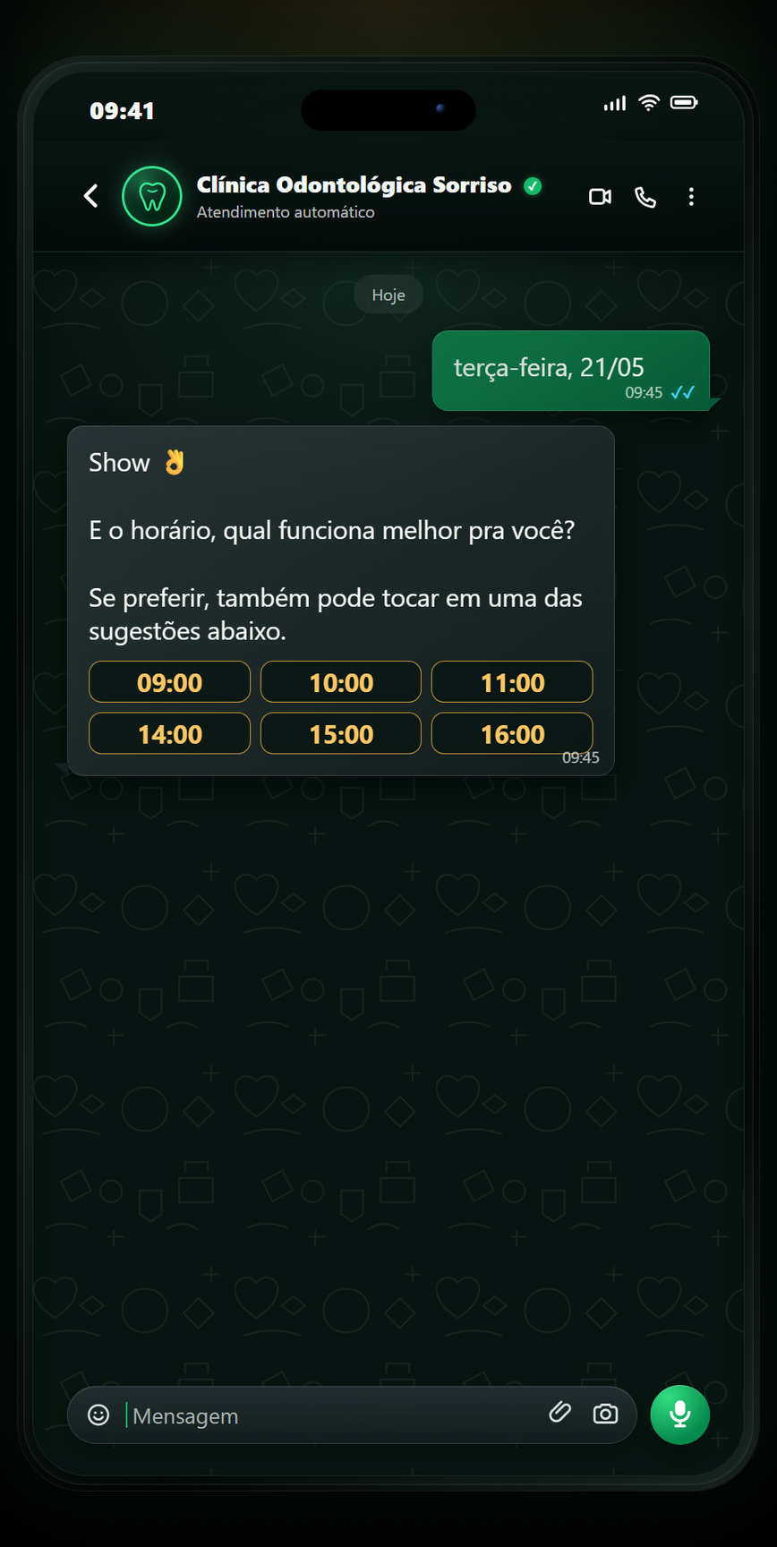 Prévia do atendimento automatizado da AuriLoop no WhatsApp para Odontologia: Horários disponíveis