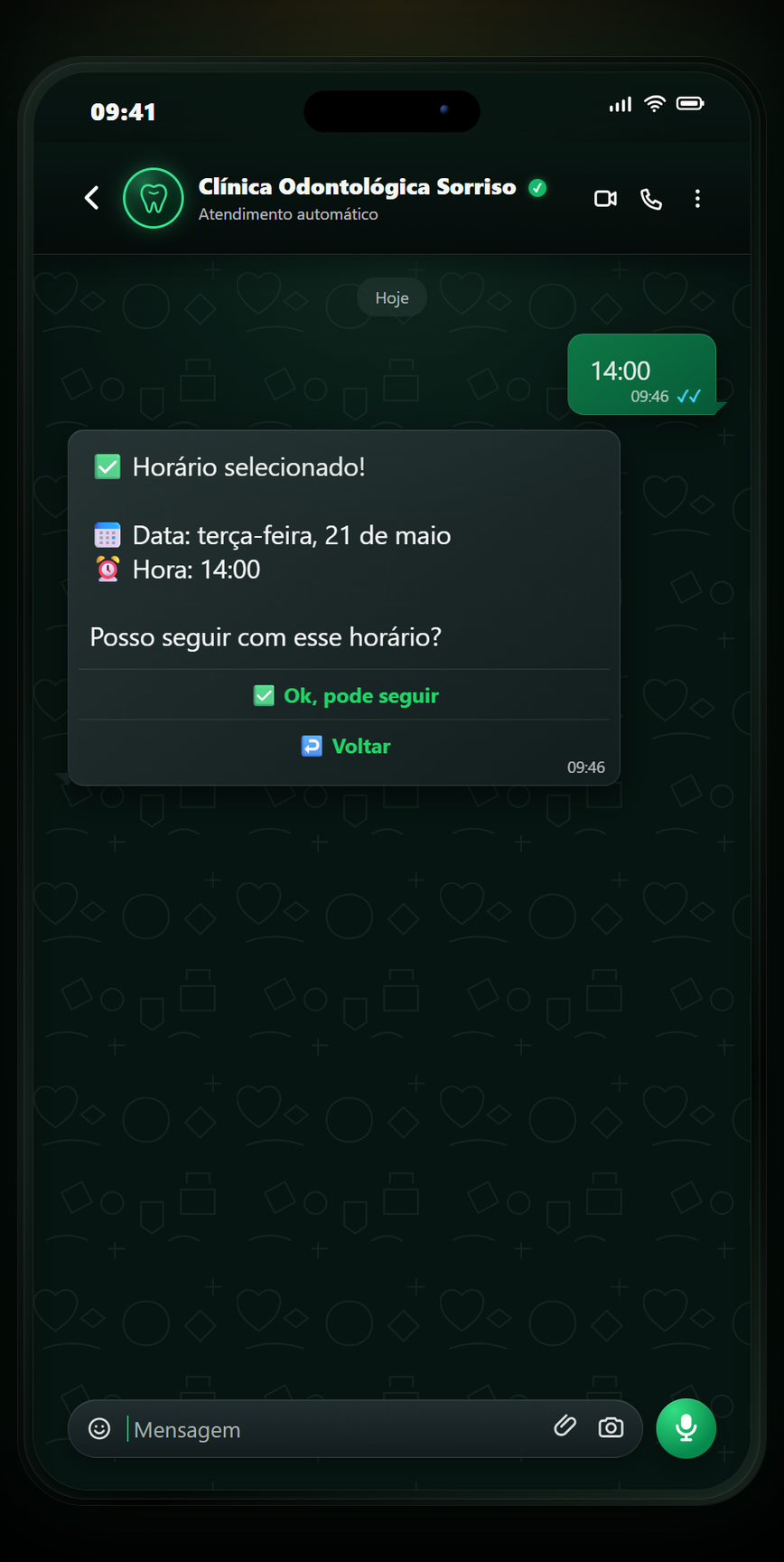 Prévia do atendimento automatizado da AuriLoop no WhatsApp para Odontologia: Confirmação do horário