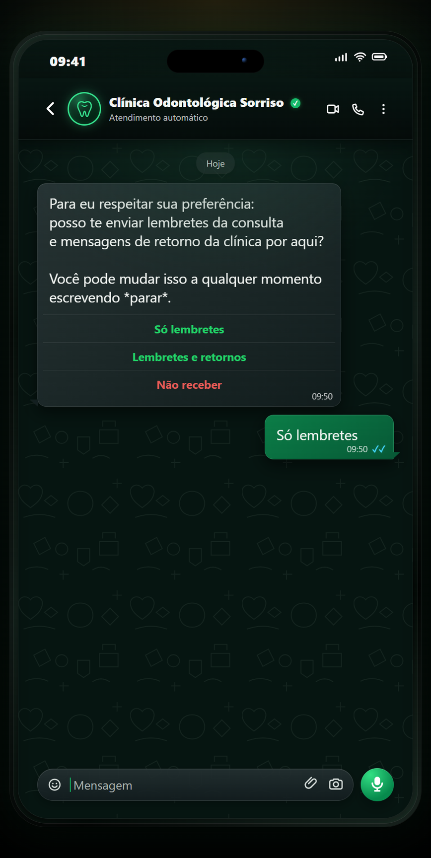Prévia do atendimento automatizado da AuriLoop no WhatsApp para Odontologia: Lembretes e comunicação