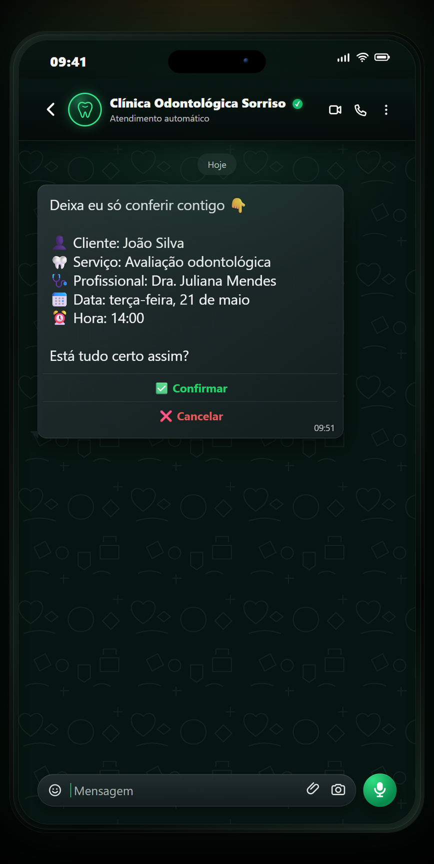 Prévia do atendimento automatizado da AuriLoop no WhatsApp para Odontologia: Resumo do agendamento