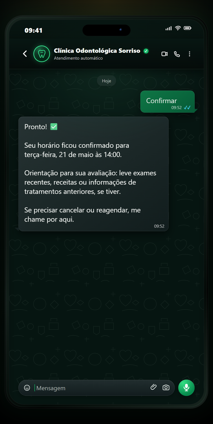 Prévia do atendimento automatizado da AuriLoop no WhatsApp para Odontologia: Agendamento confirmado