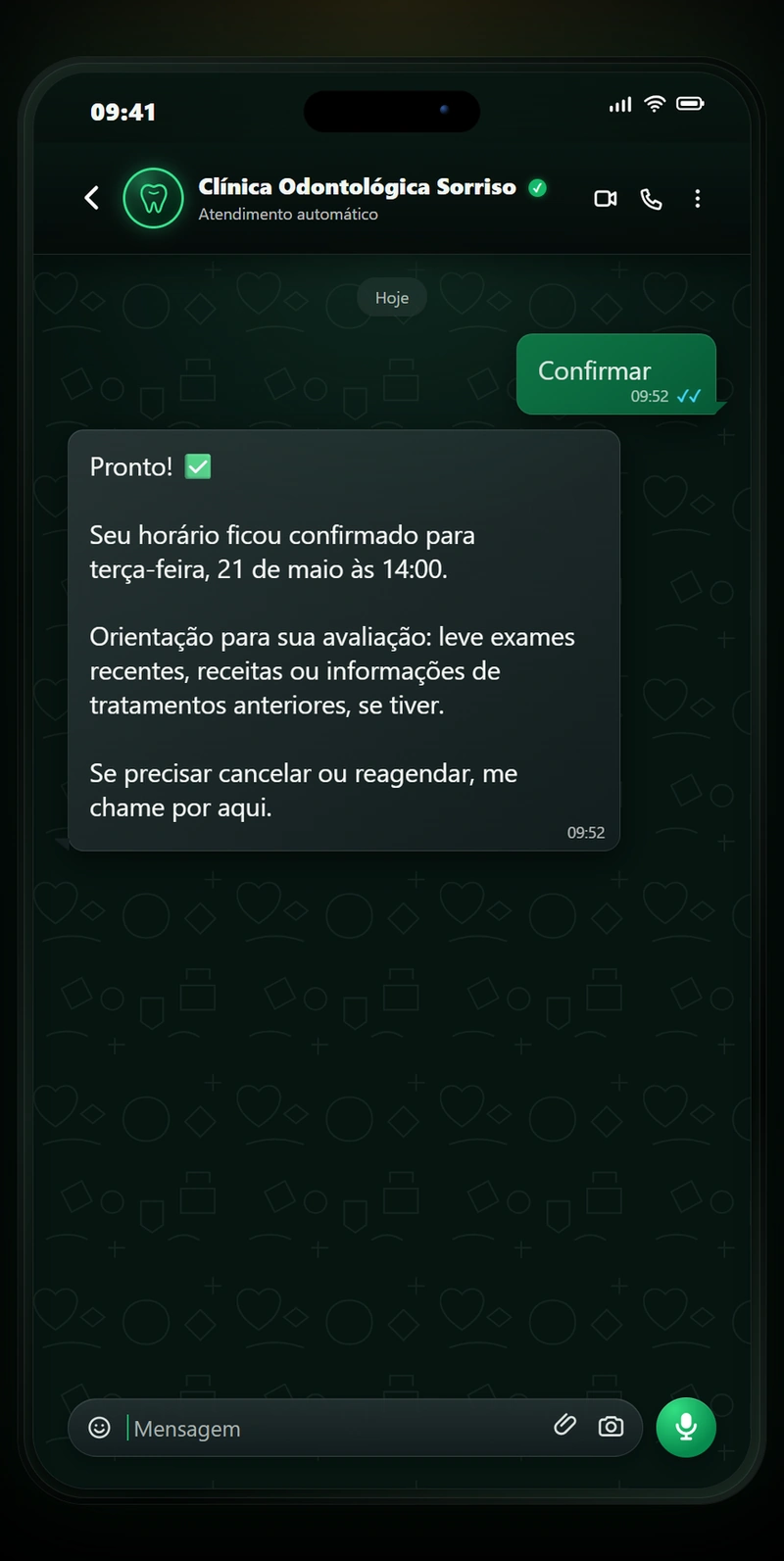 Atendimento automatizado da AuriLoop para Odontologia: Agendamento confirmado