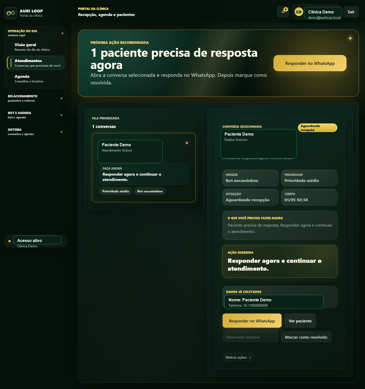 Tela real de atendimentos do Portal Cliente com conversas, fila e contexto operacional.
