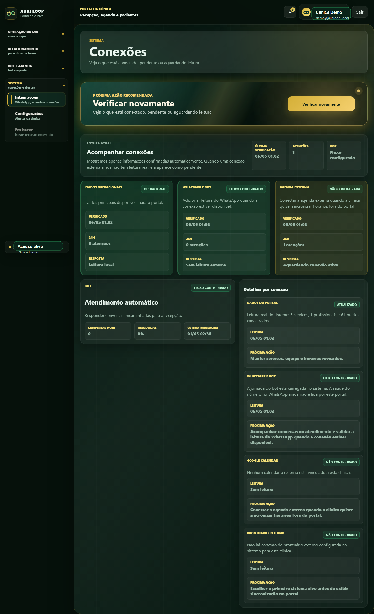 Tela real de conexões e integrações do Portal Cliente com canais e serviços conectados.