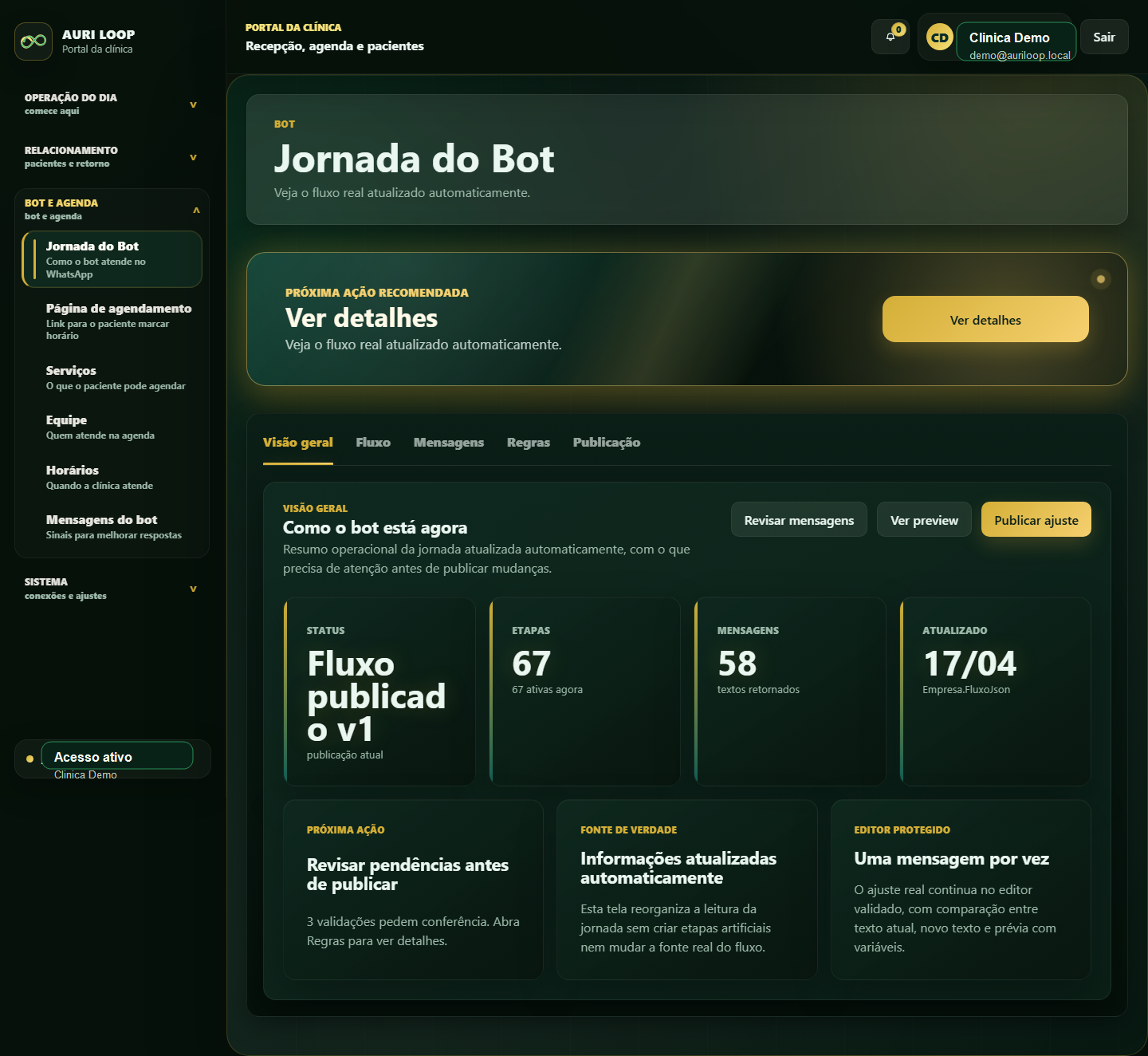 Tela real de Jornada Bot do Portal Cliente com fluxos e configuração da automação.